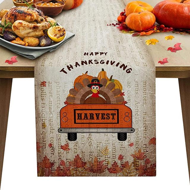 Happy Thanksgiving Table Runner for Farmhouse Holiday Parties, Burlap Table Runner Dresser Scarves Fall Maple Leaves Orange Truck Pull Turkey Dining Table Decor, 13 x 90 Inch