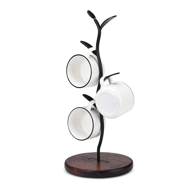 Mug Holder, Countertop Mug Tree, Coffee Mugs & Tea Cup Storage Rack, Coffee Counter Bar Accessory & Kitchen Organizer, Black (Single Row)