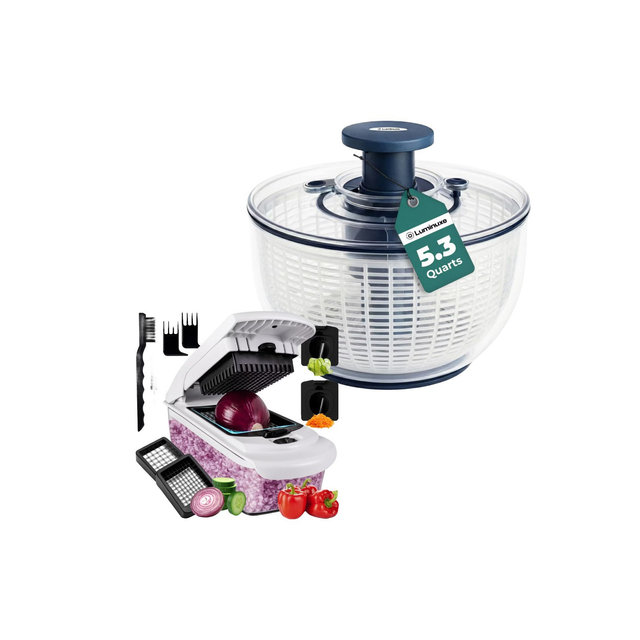 Salad Spinner with Vegetable Chopper Set, 5.3 Qt Salad Spinner, 4-in-1 Multipurpose Vegetable Chopper and Spiralizer, Salad Spinner Chopper Set