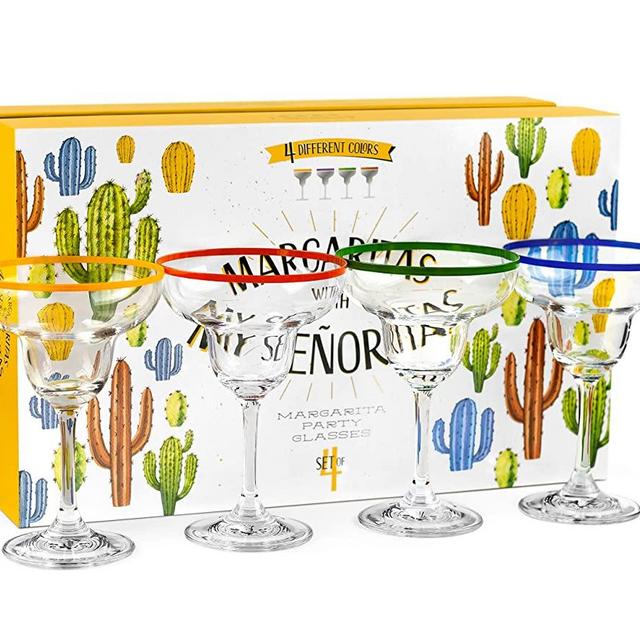 10 oz Margarita Cocktail Glasses + Colorful Party Rims | Set of 4 | Classic Crystal Stemware for Frozen Drinks + Fun Cactus Gift Box | Thick Stem, Heavy Duty, Clear Hand Blown Glassware Drinking Set