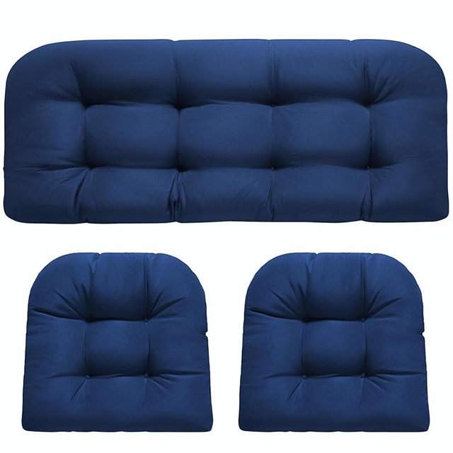 DANGHOOGY Wicker Chair Cushions, Waterproof Outdoor Loveseat Cushions for Patio Furniture, 3 Pieces Wicker Furniture Cushions, 1 Loveseat and 2 U-Shaped Cushions, Blue