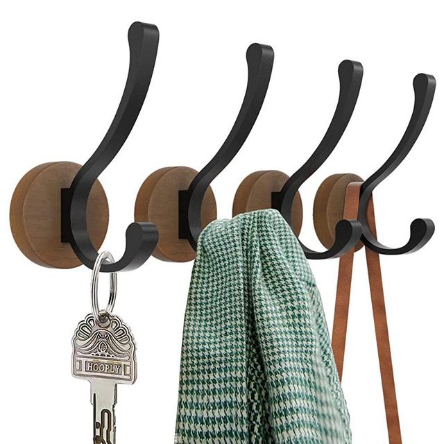 Wood Hooks for Hanging Coats - 4 Pack Coat Hooks Wall Mounted, Wooden Wall Hooks for Hanging Hats, Keys, Towels, Robe, Purse, Rustic Hooks for Decorative Livingroom, Bathroom, Bedroom, Cloakroom