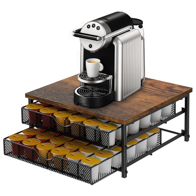 Coffee Pod Drawer Holder K Cup Capsule Storage Organizer 2 Tier Kcup Coffee Pods Holder With Sliding Baskets for 72 Capacity K Pod, Suit for Home Office Cafe Counter (Black)