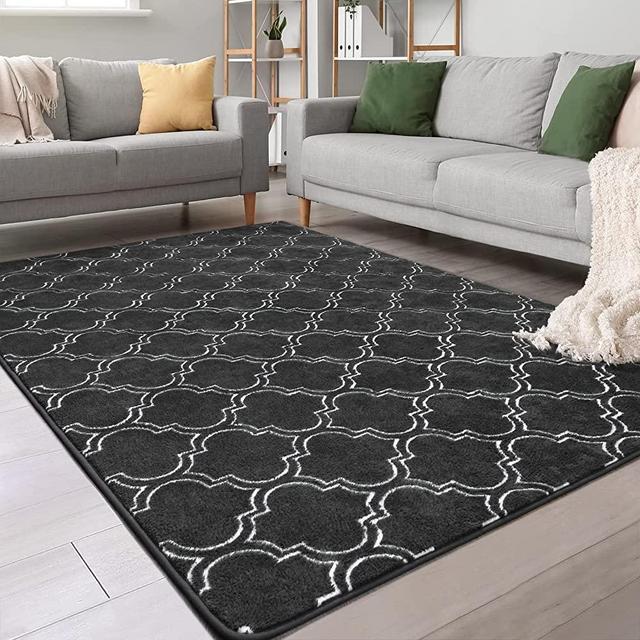 Chicrug Shag Geometric Modern Area Rug for Bedroom, 6x9 Feet Memory Foam Indoor Carpet, Moroccan Fluffy Rug for Living Room Bedside Room Decor for Family Girls Kids Nursery Play Mat, Dark Grey/White