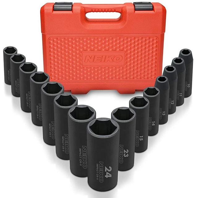 Neiko 02474A 1/2" Drive Deep Impact Socket Set, 15 Piece | 6 Point Metric Sizes (10-24 mm) | Cr-V Steel