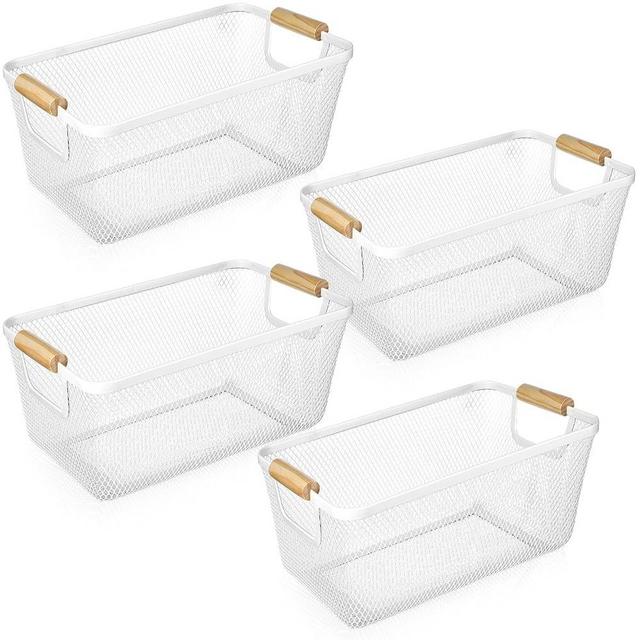 Ziliny 4 Pcs Metal Wire Basket with Wooden Handles Mesh Steel Storage Organizer Bin Containers for Home Organizing Cabinet Pantry Closet Kitchen Fridge Fruit Makeup Snacks Gifts(Medium,White)