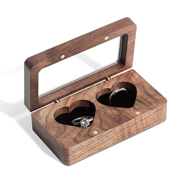 Wislist Ring Box for Wedding Ceremony, Wooden Double Heart Ring Bearer Pillows Holder for Wedding and Engagement (Walnut)