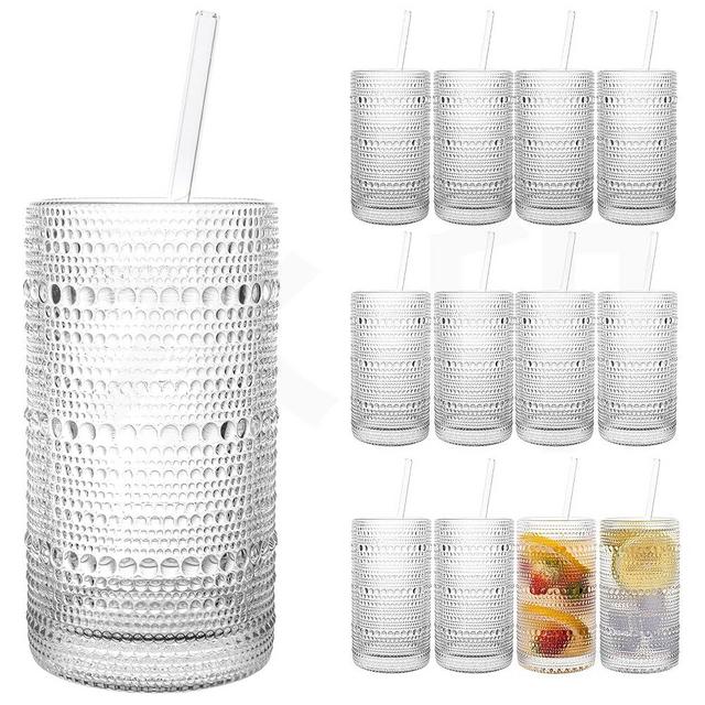 Dingerjar 2024 Upgraded Large Capacity 16 oz/480 ml Hobnail Glasses Drinking Set of 12 - Heavy Vintage Glassware