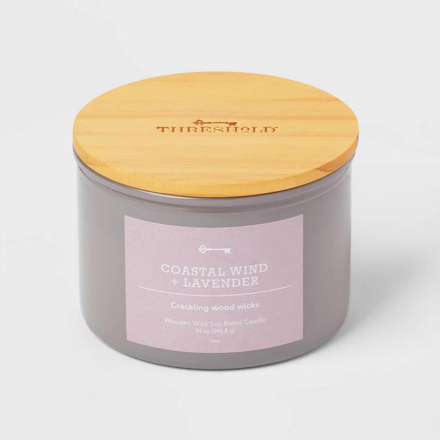 14oz Lidded Gray Glass Jar Crackling Wooden 3-Wick Candle with Paper Label Coastal Wind + Lavender - Threshold™