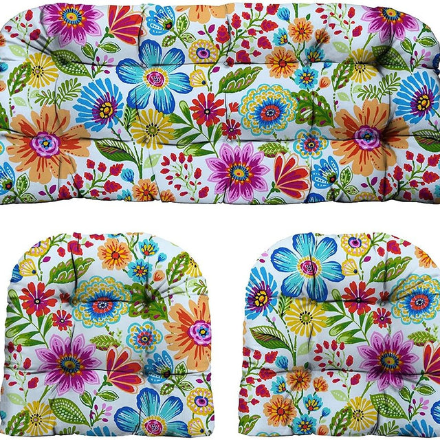 RSH DECOR 3-Piece Wicker Tufted Cushion Set. 41” x 19" & 19" x 19", All-Weather Spun Fabric, Water Resistant, Outdoor Loveseat & U-Shape Cushions for Patio Furniture, Gregoire Fresco - Made in USA