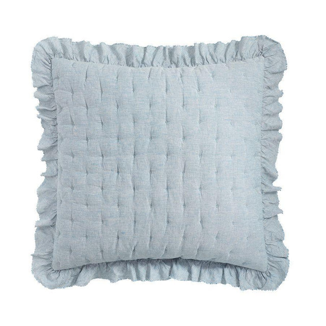 Belgian Flax Linen Ruffle Tufted Quilted Sham, Chambray, Euro, Set of 4