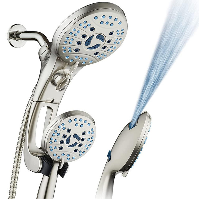 AquaCare AS-SEEN-ON-TV High Pressure Handheld / Rain 50-mode 3-way Shower Head Combo with Adjustable Arm - Anti-clog Nozzles, Tub & Pet Power Wash, 6 ft. Stainless Steel Hose, Nickel Finish