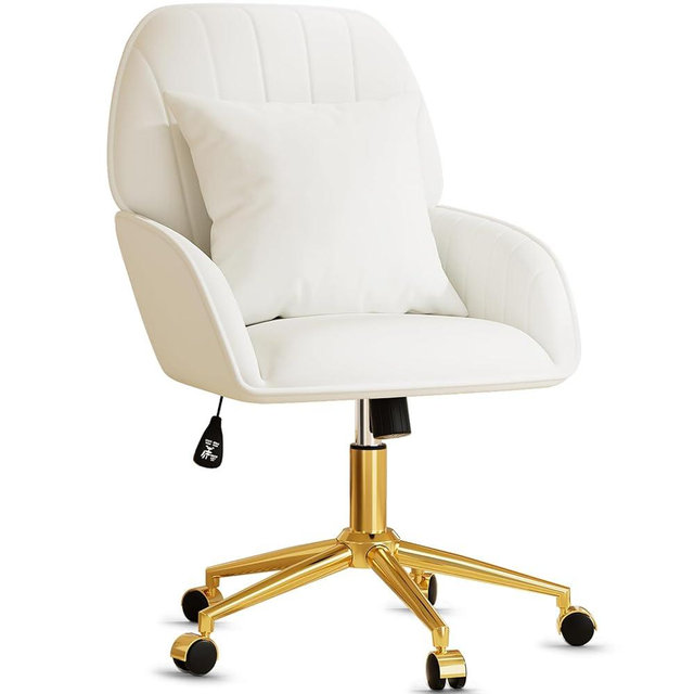 Home Office Desk Chair Comfy with Adjustable Swivel Wheels, Modern Velvet Makeup Vanity Chair with Back & Pillow, Ergonomic Office Chair Computer Task Chair for Living Room, Bedroom, White