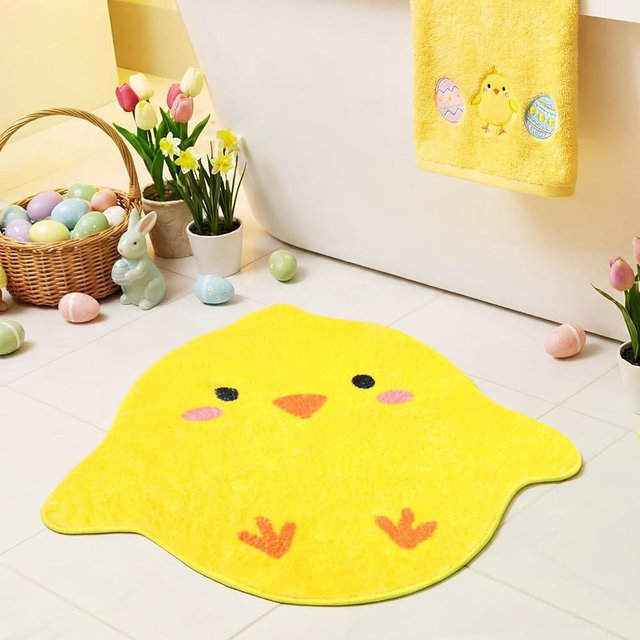 Dunzy 24 x 24 Inch Chick Easter Bathroom Rug Easter Bathroom Decor Cute Yellow Chicken Bath Mat, Non Slip, Soft Absorbent Shower Floor Mat Bathtub Decor