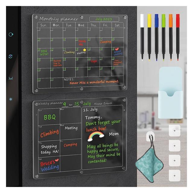 Maison Magnetic Acrylic Lucite Calendar for Fridge 2 12"x16" Clear Boards Dry Erase Planner Set Includes Colorful Magnetic Pen Holder Eraser Towel