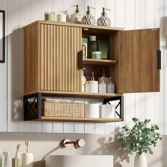 FiveWillowise Fluted Bathroom Wall Storage Cabinet with Open Shelf, Floating Wall Mounted Medicine Cabinet with Adjustable Shelves, Over The Toilet for Bathroom, Laundry Room, Kitchen, Natural Oak