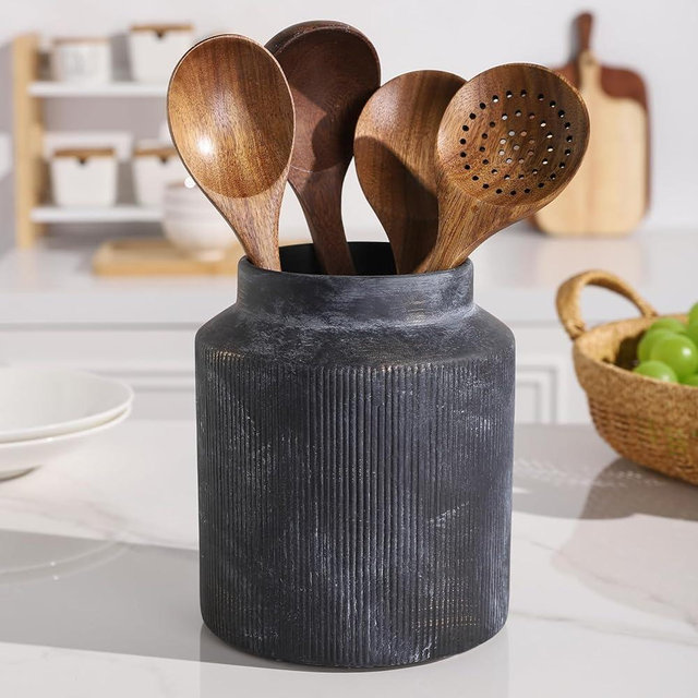 ATLZBLTCI Farmhouse Ceramic Farmhouse Kitchen Utensil Holder for Countertop, Rustic Cooking Utensil Holder Crock Fit for Kitchen Counter. Bronze 6.1 x 6.1 x 7 IN