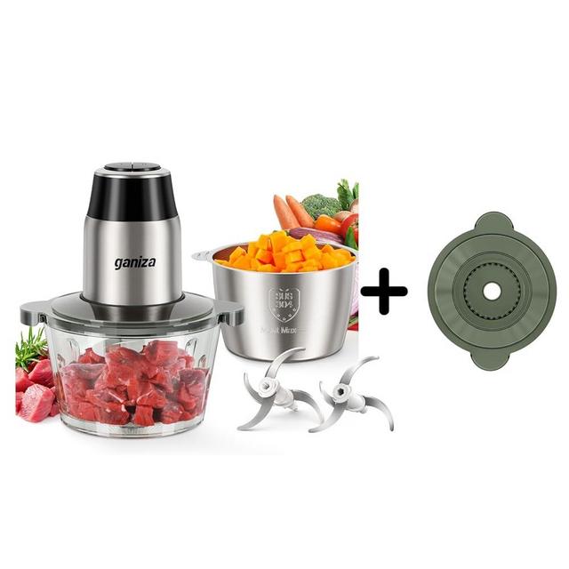 GANIZA Food Processors, Electric Chopper with Meat Grinder & Veggie Chopper - 2 Bowls (8 Cup+8 Cup) with Powerful 450W Copper Motor - Includes 2 Sets of Bi-Level Blades, 2 Plastic Covers