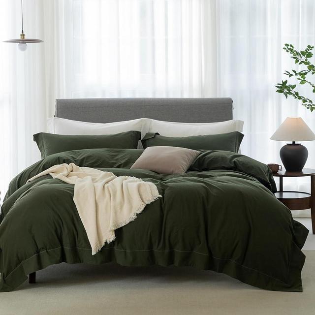 ELIMMO Duvet Cover King - 100% Washed Cotton with Chic Wide Trim Design Linen Like Textured Ultra Soft Breathable Durable Hotel-Like Bedding Set for All Season, 3 Pieces (Hemmed Olive Green, King)