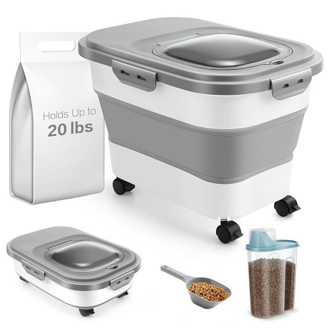 ANVS Airtight Collapsible Pet Food Container With Casters, Scoop and Small Container - Keeps Up To 20lbs Dry Dog Food Fresh (Grey)