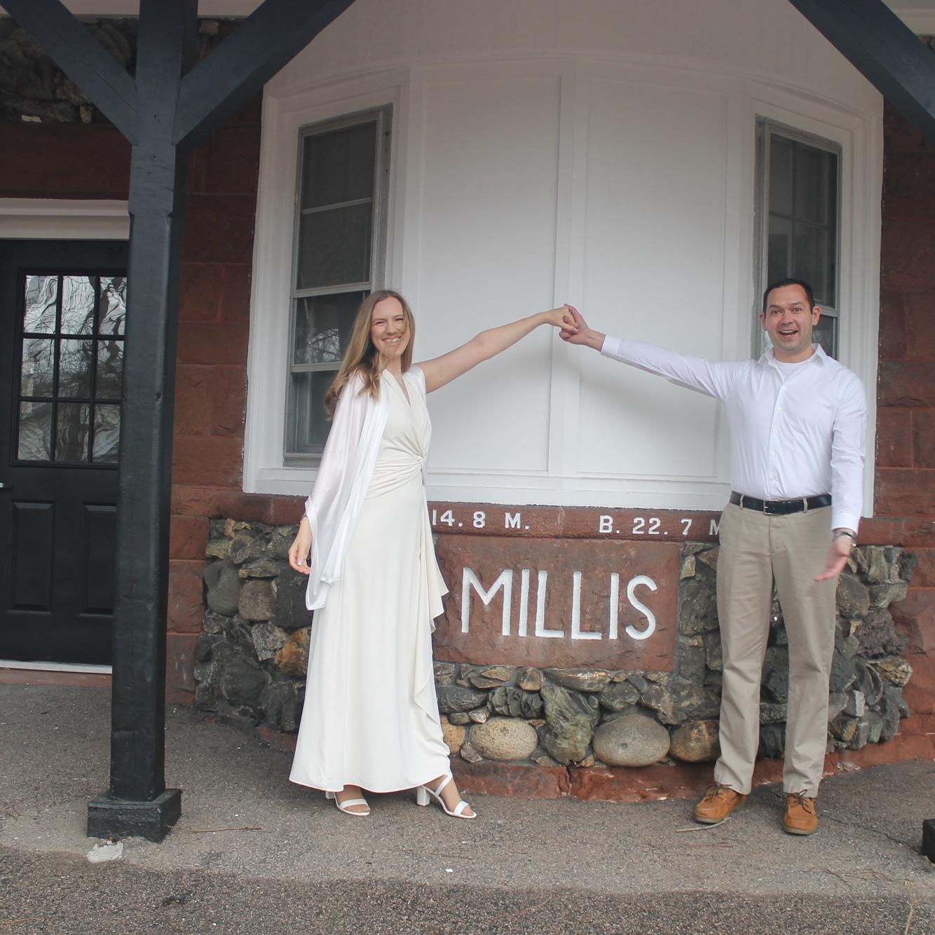 A special moment of Taylor and Mick in front of the historic Lansing Millis Station, celebrating the place we call home—Millis, Massachusetts.
