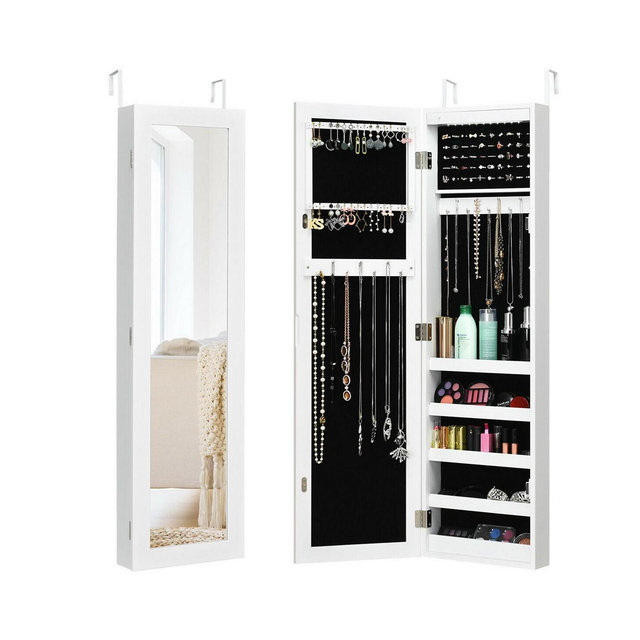 Wall and Door Mirrored Jewelry Cabinet with LED Light 16 Hooks 50 Ring Slots 5 Shelves Black Lining