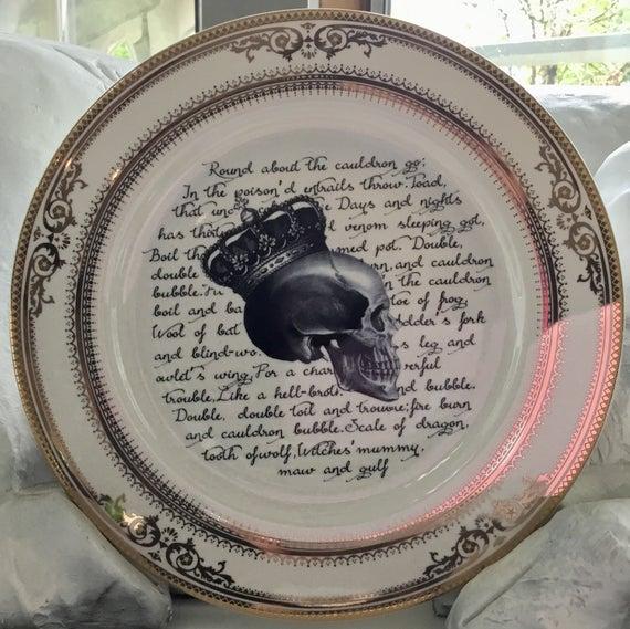 FREE Shipping - Beautiful OFF-WHITE Macbeth Skull Plate With Witches' Poem. Durable, Foodsafe.