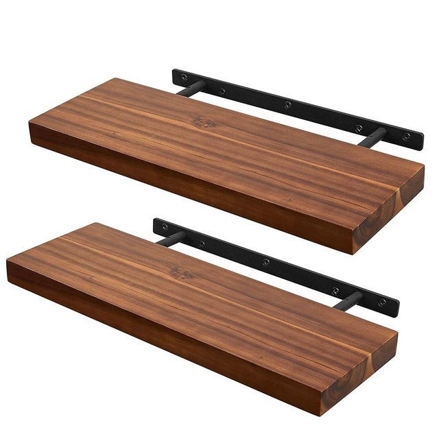 BATODA Set of 2 17" Acacia Wood Floating Shelves Wall Mounted – Rustic Farmhouse Wooden Wall Storage Shelf for Bedroom, Kitchen, Home Décor - Brackets and Shelving Mounting Hardware Included