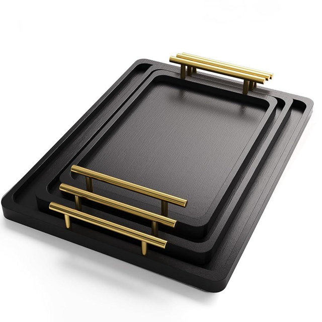 Danfoxer Bamboo Serving Tray with Metal Handles(Set of 3),Ottoman Decorative Trays Platter for Eating Breakfast,Working,Storing and Party(Black)