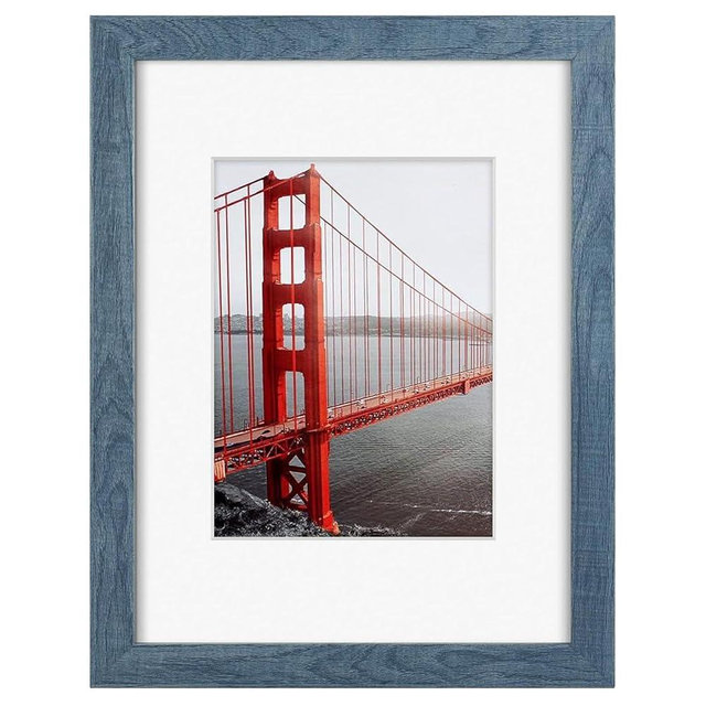 Frametory, 9x12 Frames Display 6x8 Picture with Mat or 9x12 Photo Without Mat, Shatter-Resistant Glass, Pre-Installed Wall Mounting Hardware - Blue