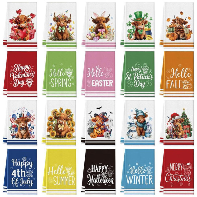 FuWeave 20 Pcs Holiday Kitchen Towels Seasonal Decorative Hand Towels Set Christmas Dish Cloths Winter Valentine's Day 16 x 24 Colorful Wash Cloths with Hanging Loop(Highland Cow)