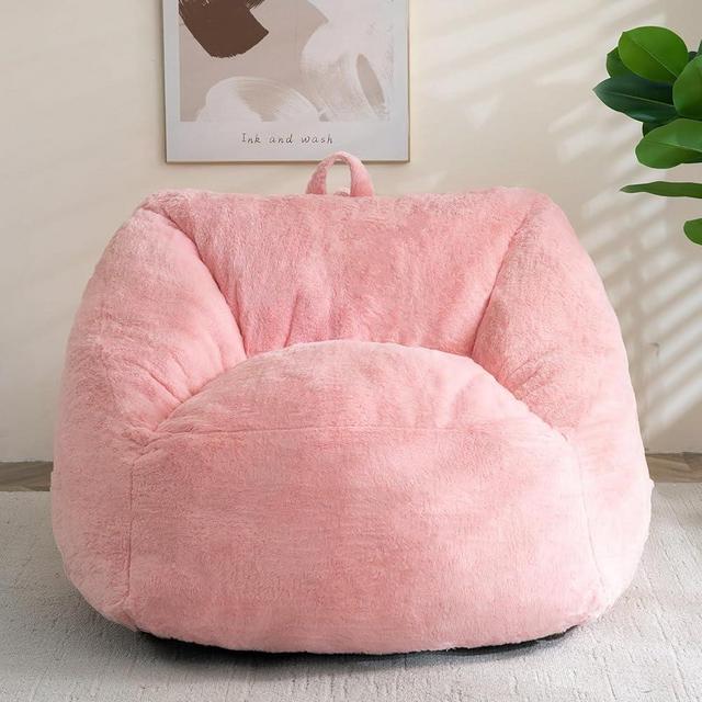 HIGOGOGO Pink Bean Bag Chair for Adults Kids with Armrests - Fluffy Lazy Sofa with Handle Soft Stuffed Filler - Comfy Cozy Floor Sofa with Pocket Accent Chair for Living Room, Bedroom, Dorm (Beige)