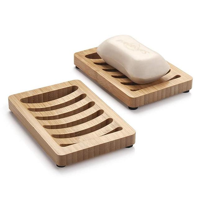 AmazerBath 2 Pack Bamboo Soap Dishes for Shower, Home Soap Case Bar Soap Tray Soap Containers for Shower, Kitchen, Bathroom