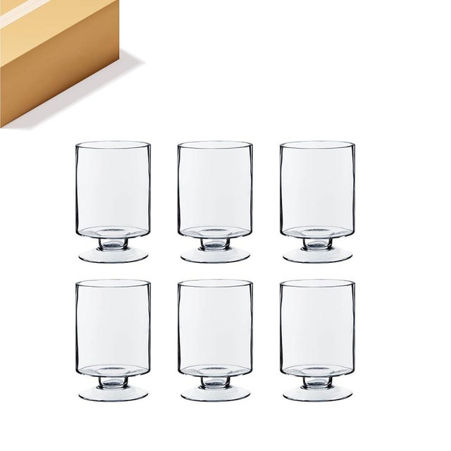 WGVI Clear Glass Pedestal Hurricane Candle Holder, 4.4" W, 5.9" H, Decorative Vase for Pillar Candles, Short Stemmed Candleholder Cylinder, Tabletop Centerpieces, Home Décor, Elegant Design, 6 Pieces