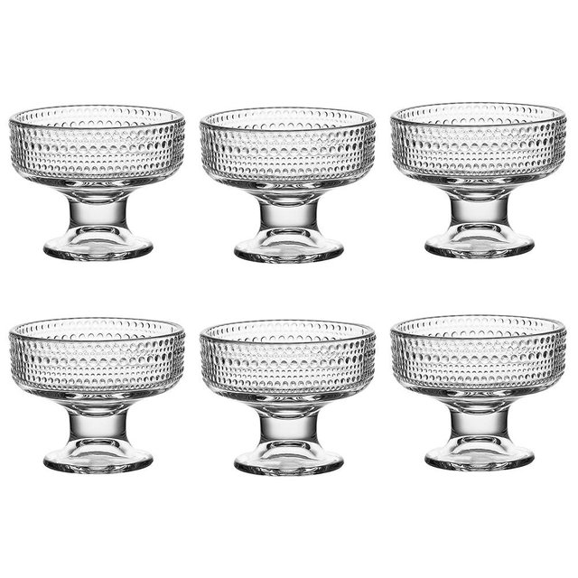 binsakao Glass Ice Cream Bowl Set of 6, Small Clear Mini Footed Dessert Cups for Fruit Pudding Trifle Parfait Sundae Nuts Cocktail Drinks Party (6.3 oz, Hobnail)
