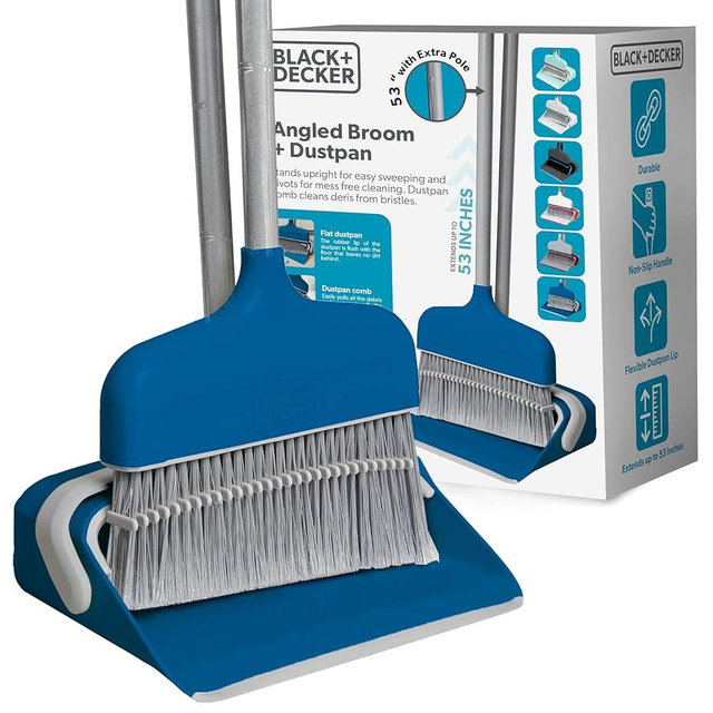 BLACK+DECKER Butler Broom & Dustpan Set - Stand-Up Design - Lightweight, Space-Saving Combo for Kitchen, Living Room, Bathroom, Lobby Floors - Home Cleaning Essential, Ocean Blue