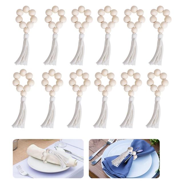 Napkin Rings Set of 12, Handmade Wood Bead Napkin Holder Ring with Rope Tassel Tabletop Decor for Dinning Table Setting, Party, Wedding, Family Gatherings