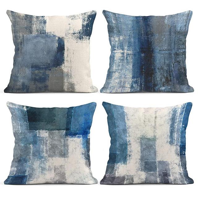 Emvency Set of 4 Throw Pillow Covers Blue and Grey White Art Artwork Contemporary Decorative Gray Cushion Sofa Bedroom Car Decor Pillow Cases Home Decorative Square 18x18 Inches Pillowcases