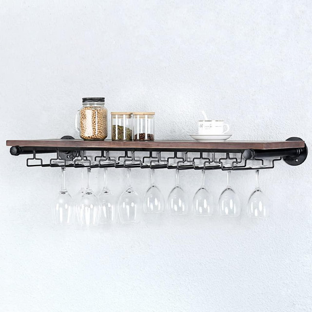 OLDRAINBOW Industrial Wine Rack Wall Mounted with 5 Glass Holder,Wine Glass Rack Floating Wine Glass Shelf,36in Pipe Shelving Hanging Wood Shelves