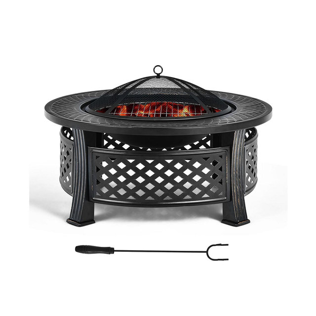 32'' Round Fire Pit Set W/ Rain Cover BBQ Grill Log Grate Poker