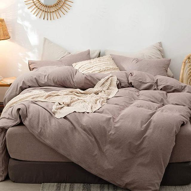 MooMee Bedding Duvet Cover Set 100% Washed Cotton Linen Like Textured Breathable Durable Soft Comfy (3pcs,Brown, King)