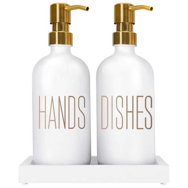 Soap Dispenser Set, Contains Hand Soap Dispenser and Dish Soap Dispenser for Kitchen， Glass Soap Dispenser with Stainless Steel Pump，for Luxury Gold Kitchen Counter Decor，（White）