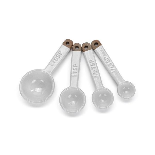 DEMDACO Gather 'Round Collection Classic White with Raw Clay Like Handle 4.5 x 2 Stoneware and Suede Measuring Spoon Set of 4