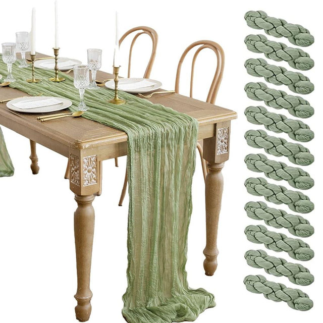 12 Pack Sage Green Cheesecloth Table Runner 10ft Boho Gauze Cheese Cloth Table Runner Rustic Sheer Runner 120 inch Long for Christmas Wedding Bridal Baby Shower Birthday Table Decorations