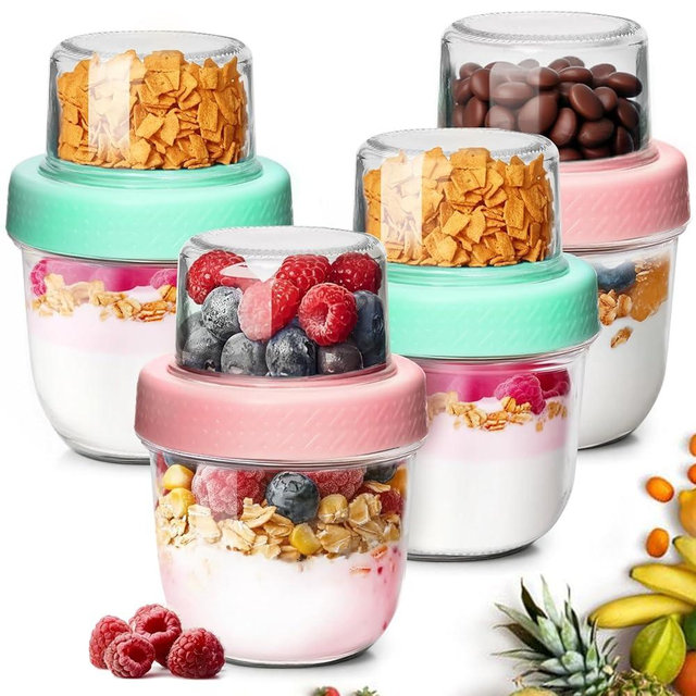 ComSaf 4 Pcs 8oz Overnight Oats Containers with Lids, Glass Yogurt Parfait Cups for Cereal Nut Fruit, Dual-Layer Chia Pudding Jars Reusable, Small Mason Jars for Salad, Meal Prep, Snack, Oatmeal