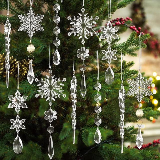 18pcs Crystal Christmas Ornaments for Christmas Tree Decorations-Hanging Acrylic Snowflake and Icicle Ornaments with Drop Balls for Christmas Tree New Year Party Decorations Supplies