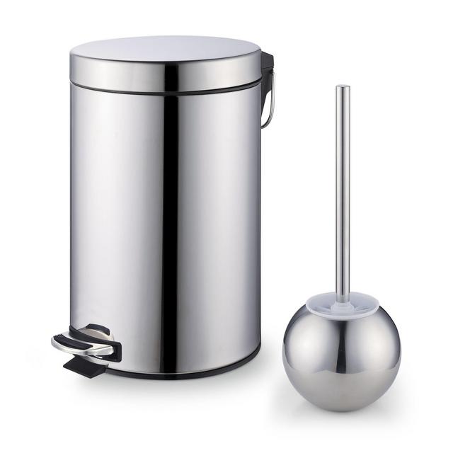 Cook N Home Step Trash Bin Toilet Brush Set, Stainless Steel
