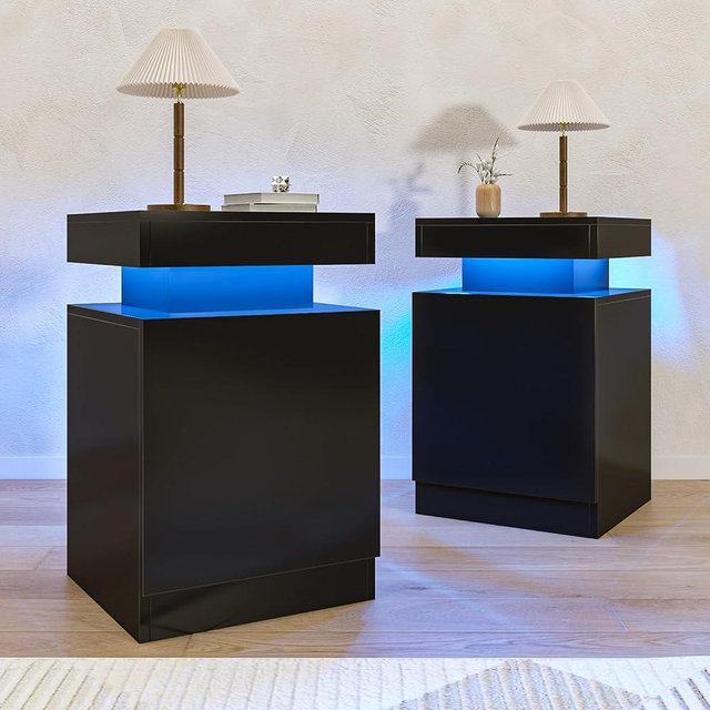 OneBlis Nightstands Set 2, 15 Inches LED Night Stand Set of 2, Modern Bedside Table with LED Lights, High Gloss Surface, End Table with Storage for Bedroom, Black