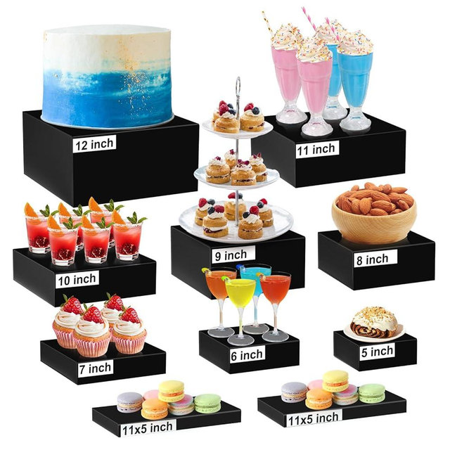 10PCS Buffet Risers, Food Risers for Buffet Table, Acrylic Black Cube Box with Hollow Bottoms, Display Stand for Dessert Table Stand Shelf Nesting for Jewelry Show Catering(12"-11"-10"-9"-8"-7"-6"-5")