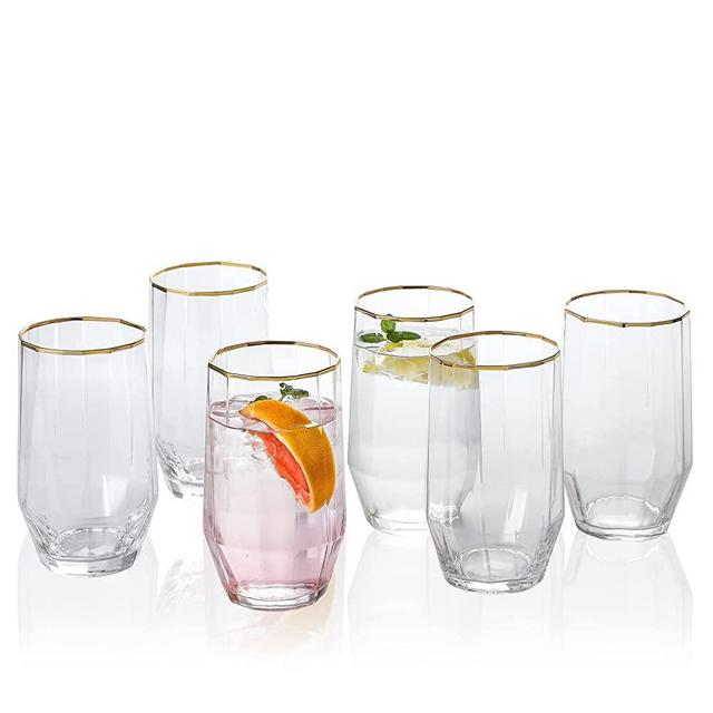 1500° C TABLETOP Gold Rim Highball Glasses set of 6, 21.5 oz Crystal Clear Large and Tall Drinking Glasses for Mojito, Cocktail, Water, beer, Coke, Soda and Mixed Drinks